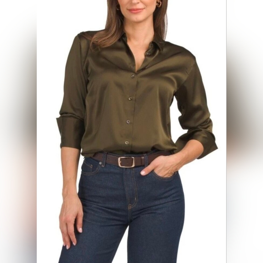NWT FRAME The Standard Silk Shirt Blouse in Moss – Size L